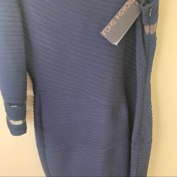 NWT Tadashi Shoji One Shoulder Mesh Illusion Cutout Navy Blue Dress in Large - Picture 9 of 16